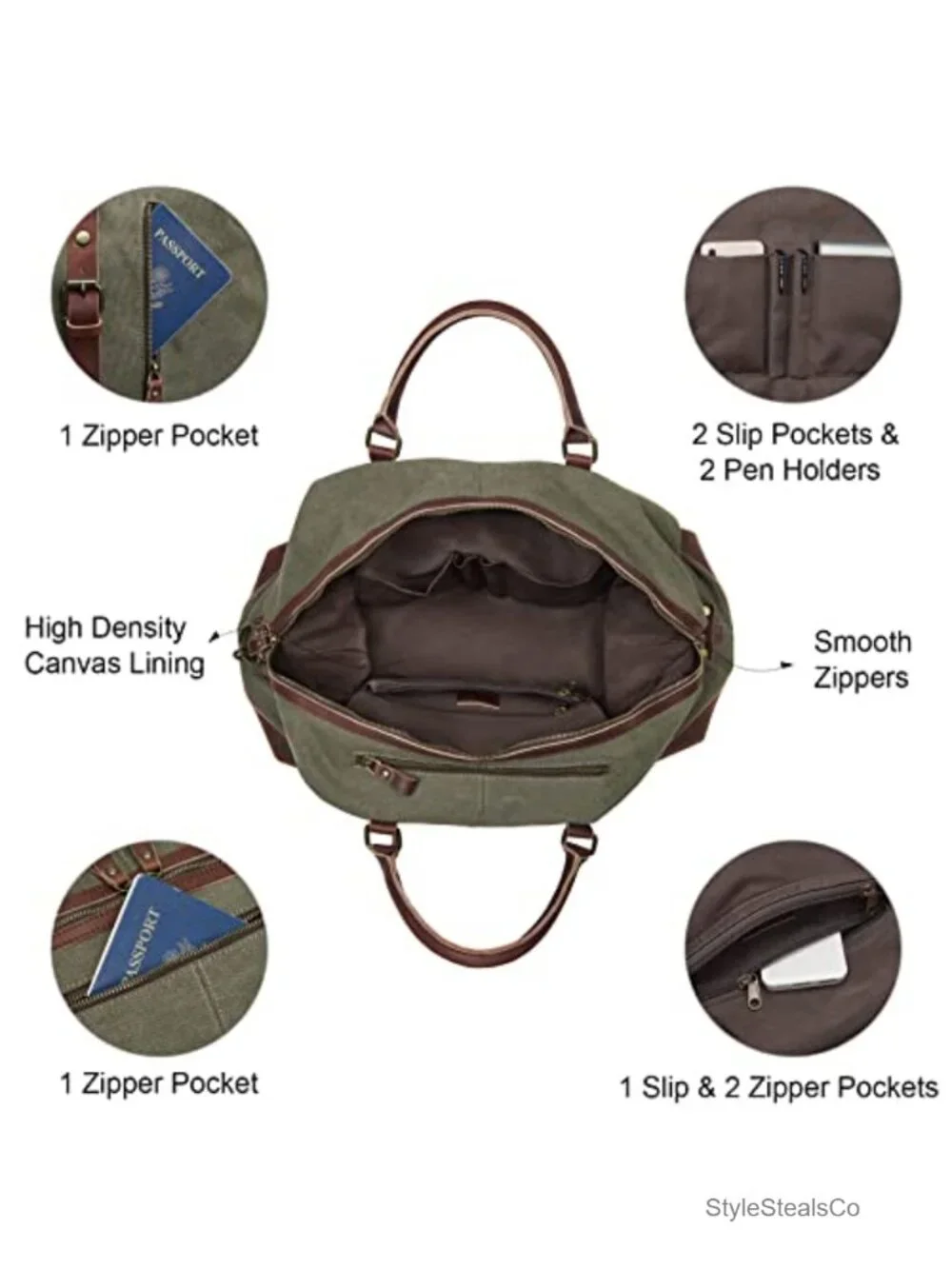 Canvas Duffle Bag with Genuine Leather Trim - Large Travel Weekender Carry On